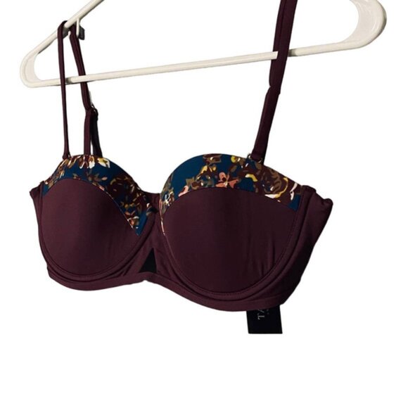 Tavik Swimwear Maroon Floral Trim Padded Beachy Bikini Top Women SZ L - Picture 3 of 11